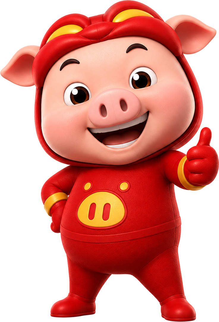 GG Bond, the red-suited hero pig, giving a thumbs up