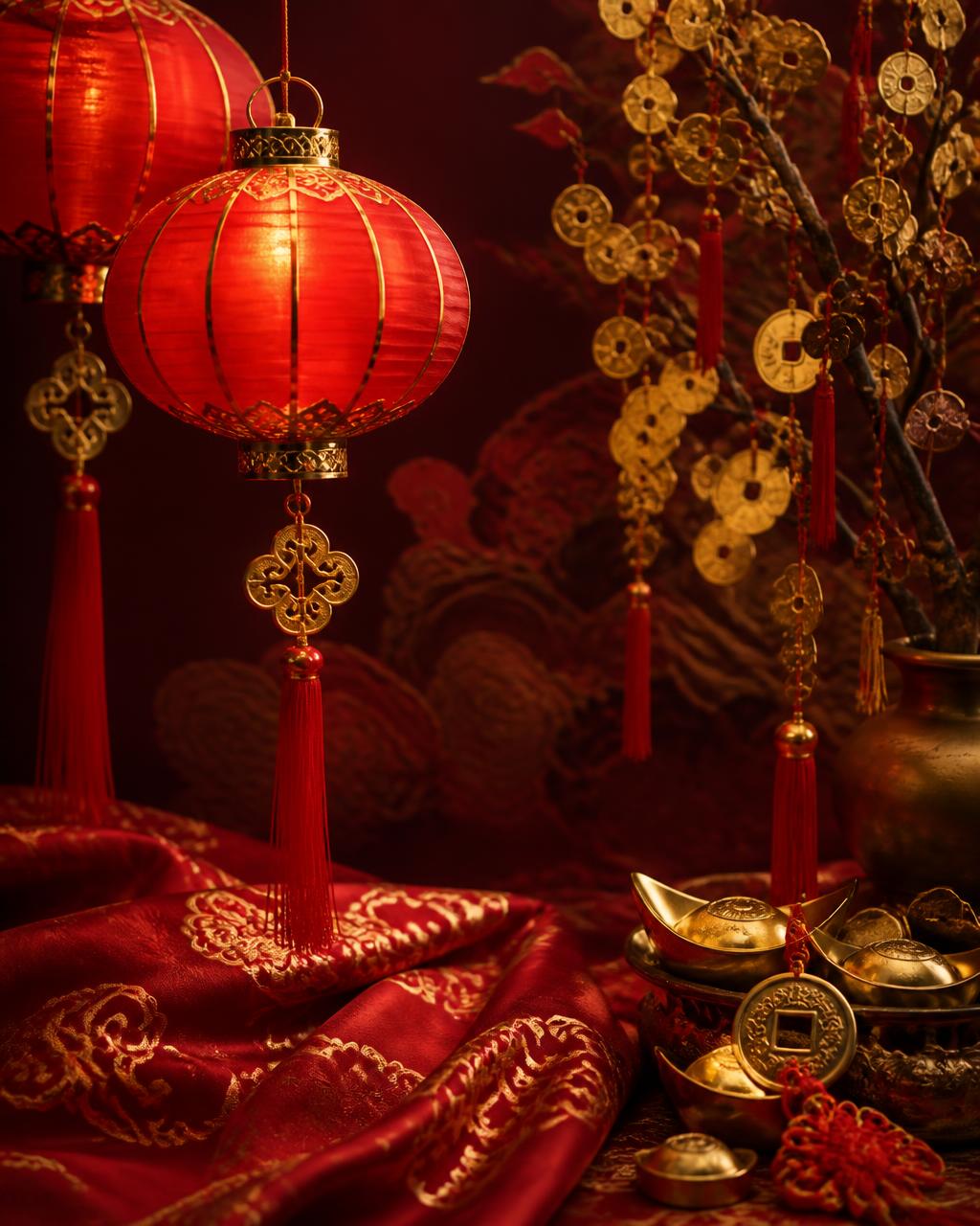Red Chinese lanterns, gold coins and embroidered silk